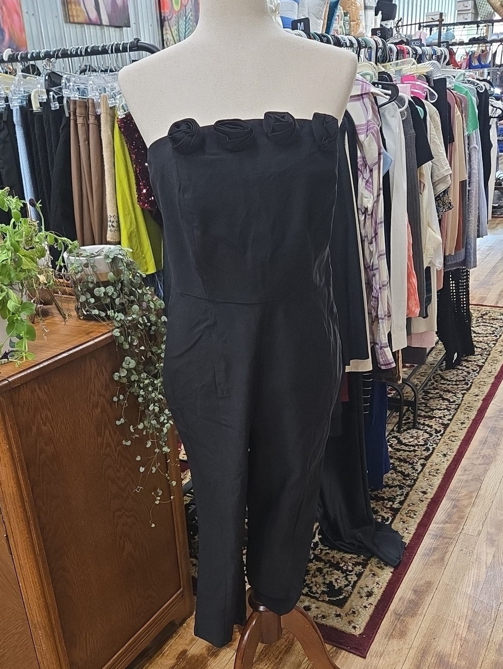 wild fable Black Strapless Jumpsuit with Rosette Trim